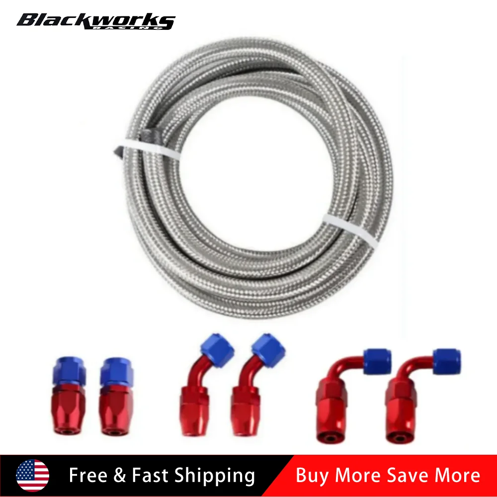 

AN4 Nylon & Stainless Steel Braided CPE Fuel Oil Gas Hose Line Sliver with 0° 45° 90° Fittings Kit Red-Blue For Brake Fluids