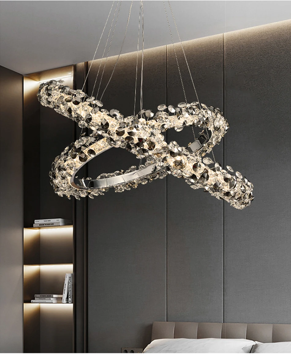 

Simple Mix and Match Crystal Chandelier Living Room Ring Decorative Lights Luxury Stainless Steel Glossy Island LED Lamp