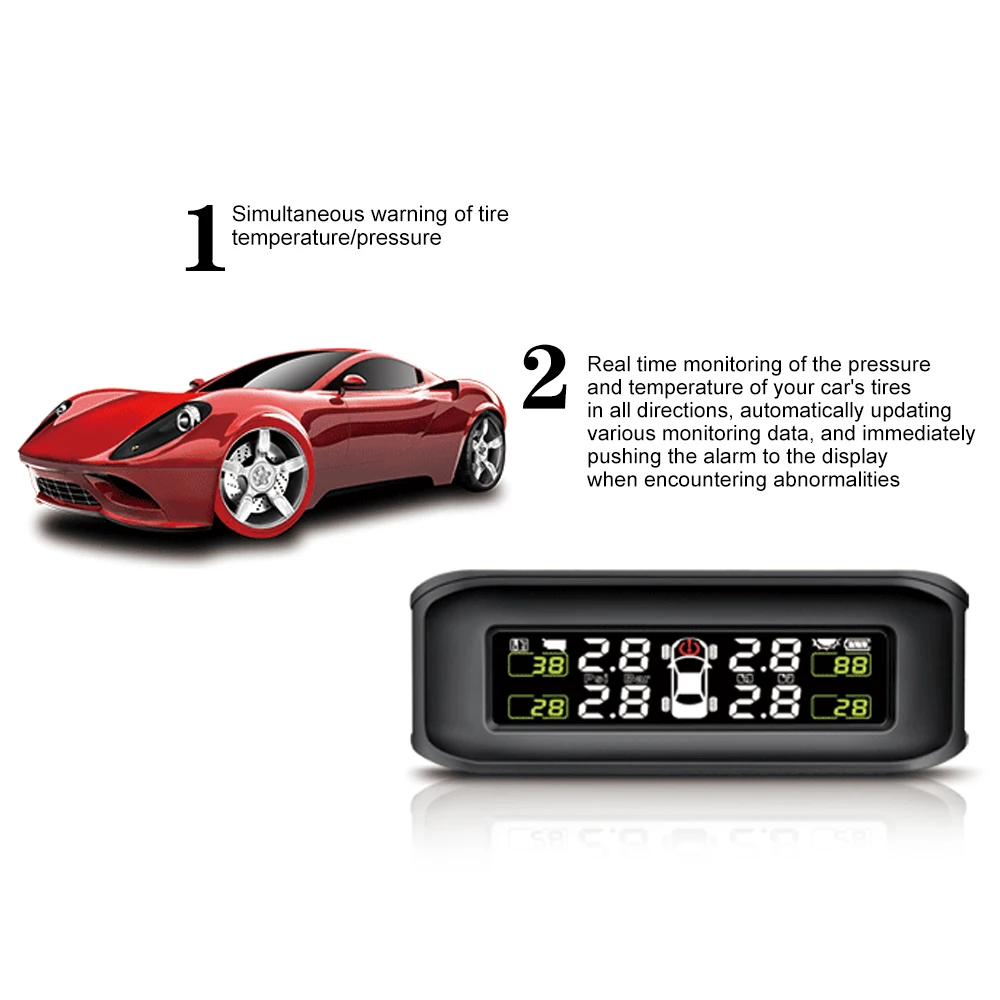 Reifendruck-Alarmsystem, Reifendruckkontrollsystem, kabellose Solarenergie, intelligentes Auto, TPMS, Auto, Sicherheit, digitale Anzeige