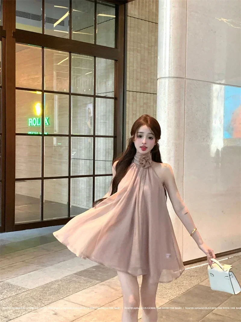 Gagarich Elegant Socialite Three-dimensional Flower Hanging Neck Sleeveless Dress Women Summer Truffle Shoulder A-line Dresses