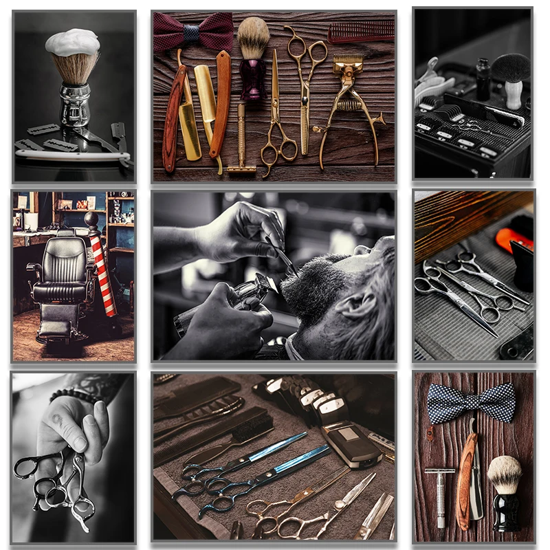 Póster de barbería, accesorios de afeitado, herramientas de barbería, impresiones, pintura en lienzo, regalos de peluquería, decoración del hogar de pared