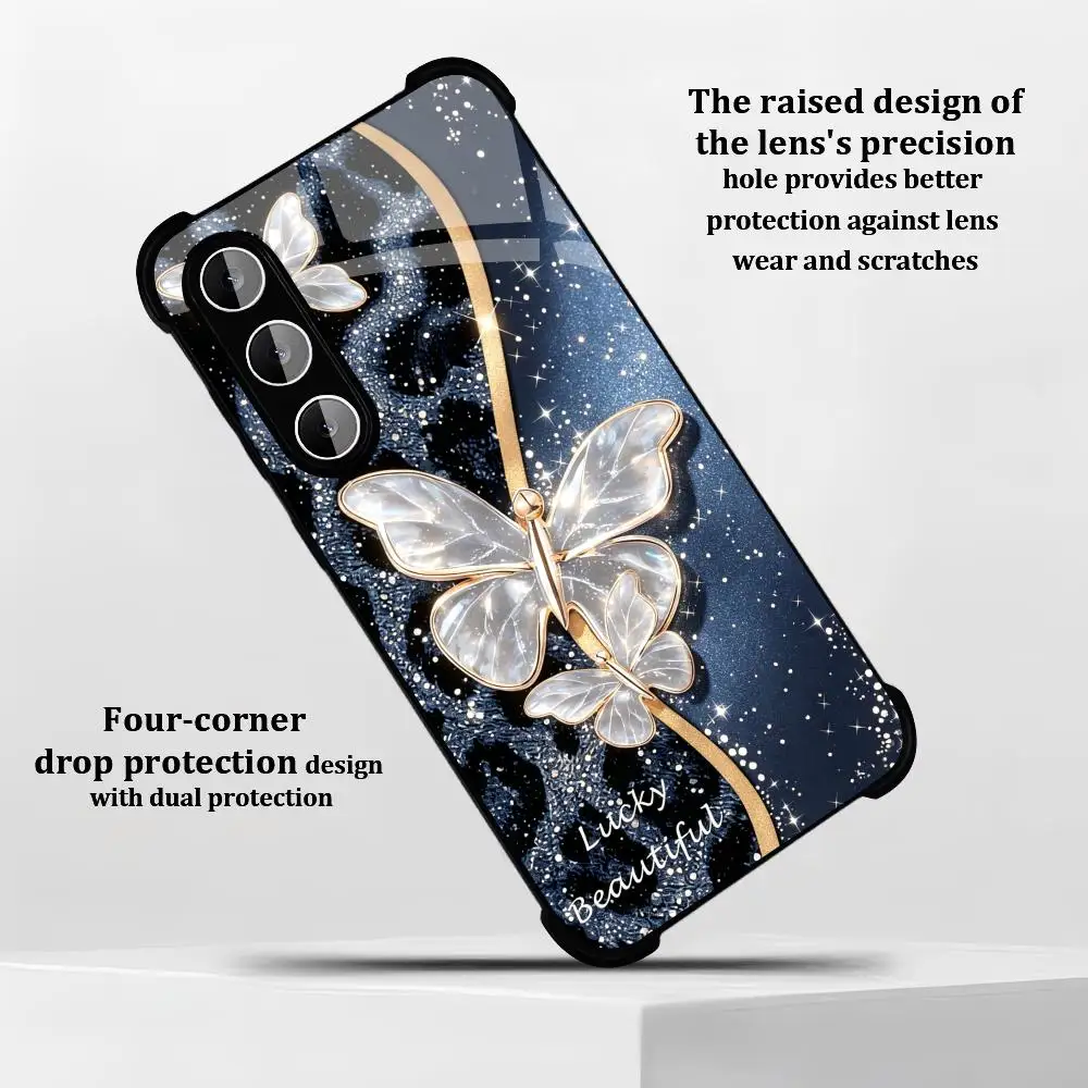 Blue White Butterflies Fashion Exquisite HD glass phone case for Samsung Galaxy S26 S25 S24 S23 S22 FE,Ultra,Plus Dropresistant