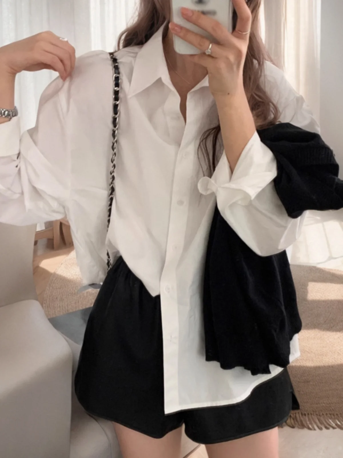 

Белый длинный све, свободный женский топ, простой универсальный базовый слой, корейский весенний дизайн, Sensation Ele Mood