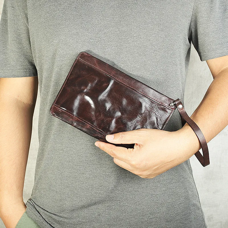 Vintage luxury genuine leather pleated men\'s clutch bag casual outdoor high quality natural real cowhide multi-card coin purse