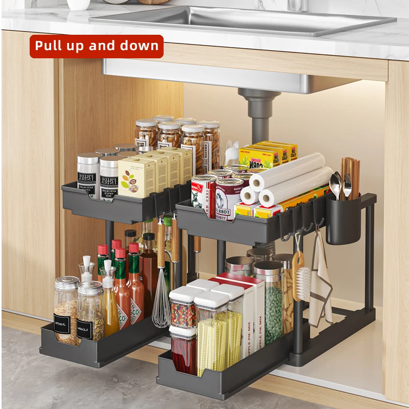 

2 Tier Pull Out Storage Box Durable Large Capacity Kitchen Bathroom Essential Drawer OrganizerMulti-Purpose Storage Shelf