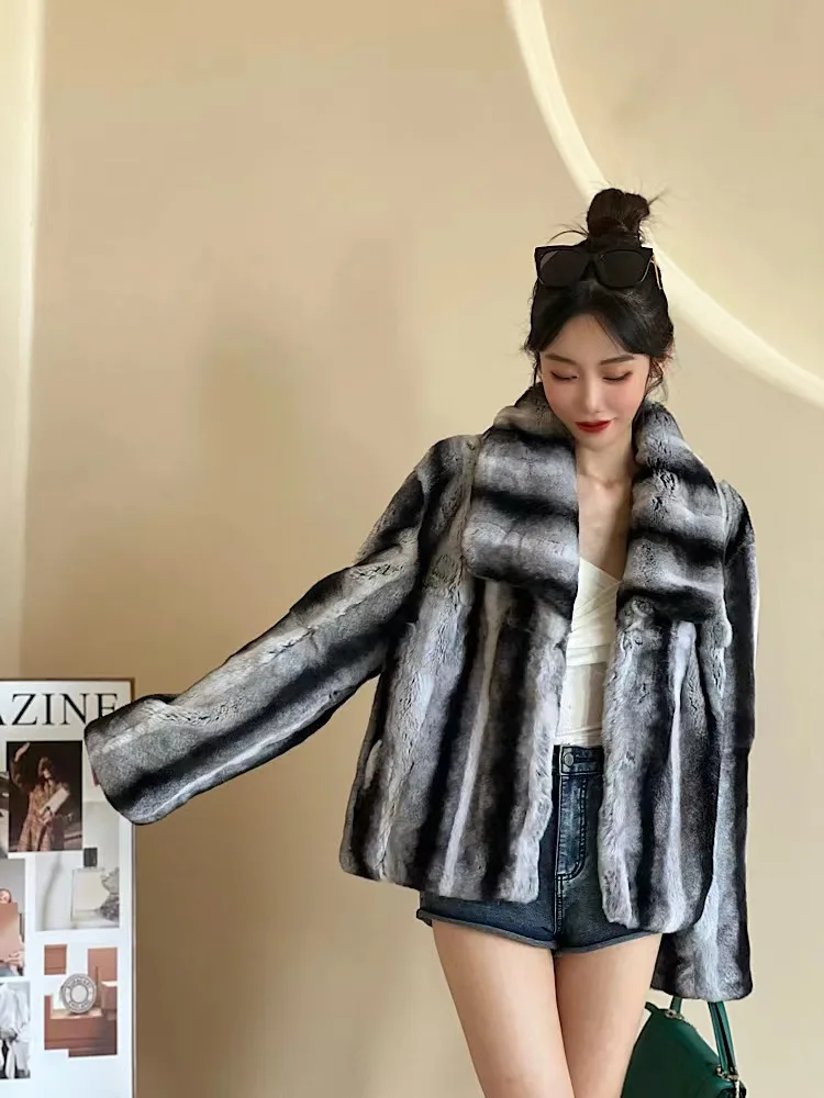 Fur Lover New Style Women Winter Warm Soft Quality Real Rex Rabbit Fur Coat Luxury Chinchilla Color Fashionable Fur Jacket