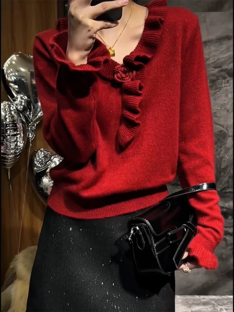 

Новая осенне-зимняя женская трикотажная кофта с V-образным вырезом и кружевной отделкой, больших размеров, стройнящая, универсальная, высокого качества