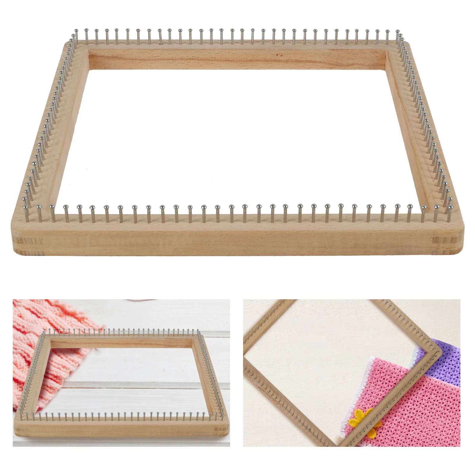 Square Knitting Loom Beech Wood Knitting Board DIY Handcraft Weaving Loom with Non Detachable Hooks Knitting Loom Tools