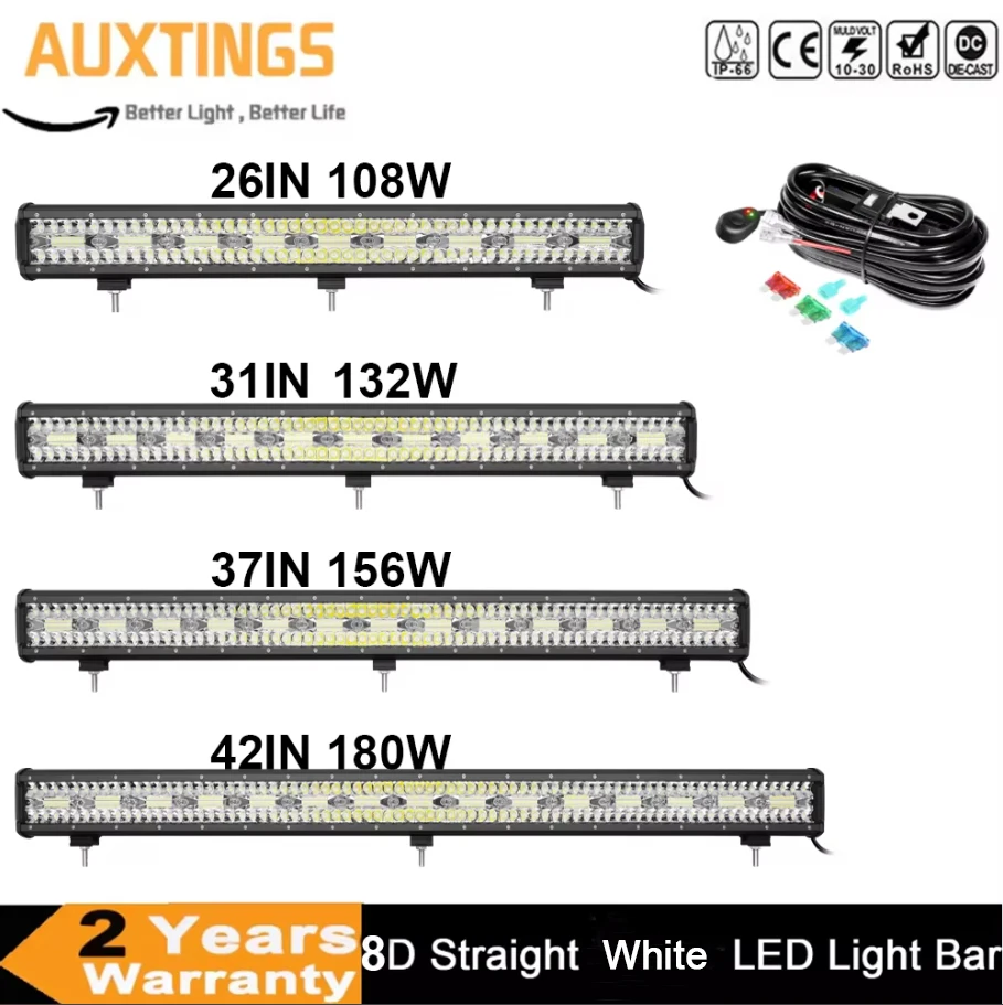 26-42 Inch 108W 132W 156W 180W LED Light Bar 8D Offroad Lamp Combo 3-Rows 12V 24V Truck SUV ATV 4WD 4x4