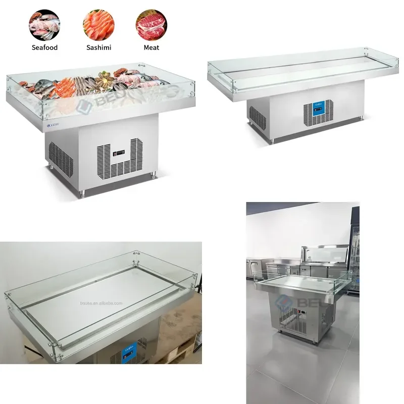 SFW Certificate Supermarket Frozen Food Display Table 304 Stainless Steel Ice Table for Seafood Fish