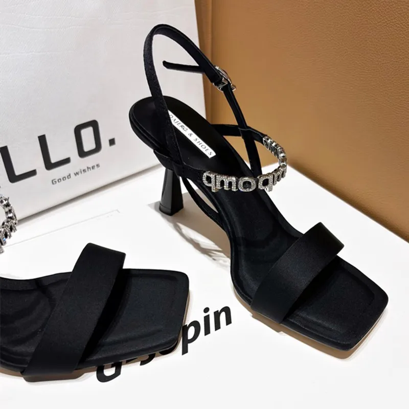 Sexy Square Toe Thin Heeled Sandals Women Summer 2024 Fashion Rhinestone Letter Design Pumps Women Cross Strap Black High Heels