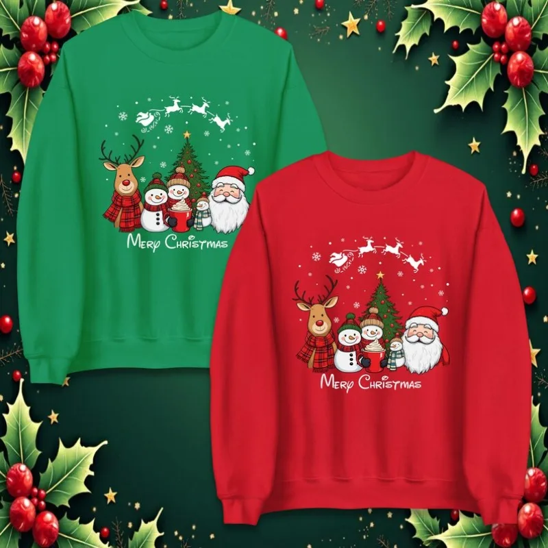 

Merry Christmas Sweatshirt Cute Santa Reindeer Snowman Xmas Jumper Family Holiday Hoodie Festive Autumn and Winter Thermal Hoody