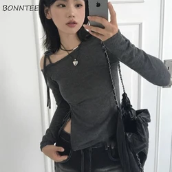 Long Sleeve T-Shirts for Women Side-slit Ins Slim Fit Off-shoulder All-match Korean Fashion Classic Sweet Spicy Girls Autumn Top