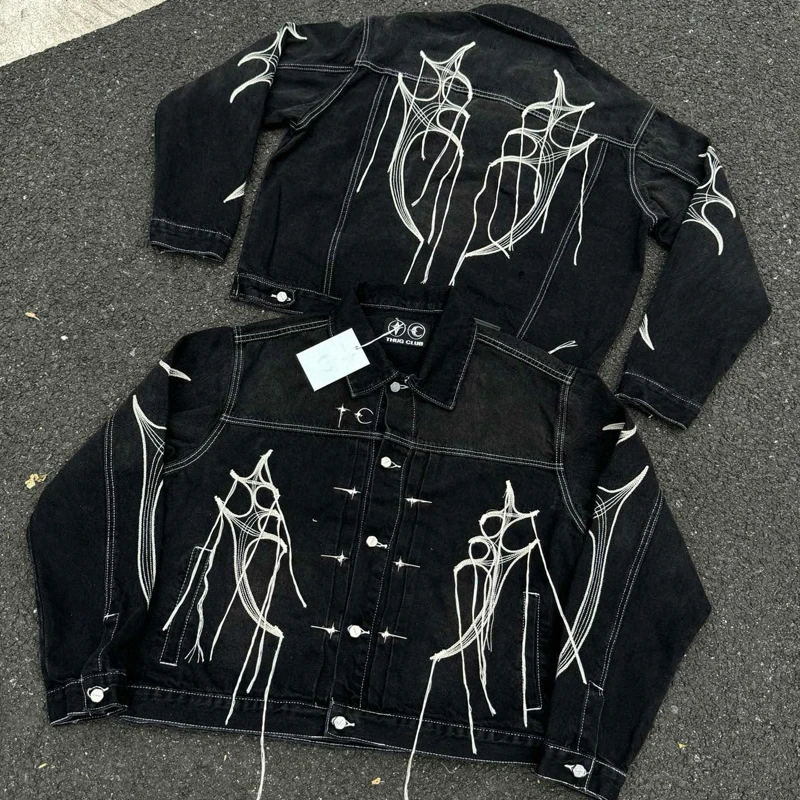 

Thug Club Jacket Metal Star Moon Logo Embroidered Tassel Pocket Washed Black Denim Long Sleeve Coats Men Women Streetwear