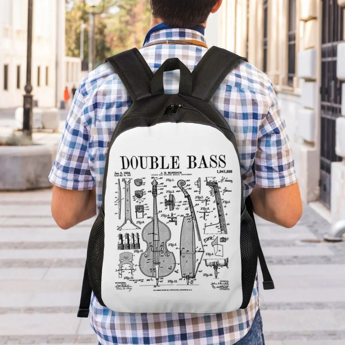 Double Bass Player Bassist Musical Instrument Vintage Patent Backpack Student Boys Girls BookBag School Bag Laptop Shoulder Bags