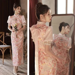 Sexy Sequin Qipao Improved Chinese Style Dress Women Sweet Bow Evening Dresses Long Elegant Cheongsam Lace Flower Vestidos