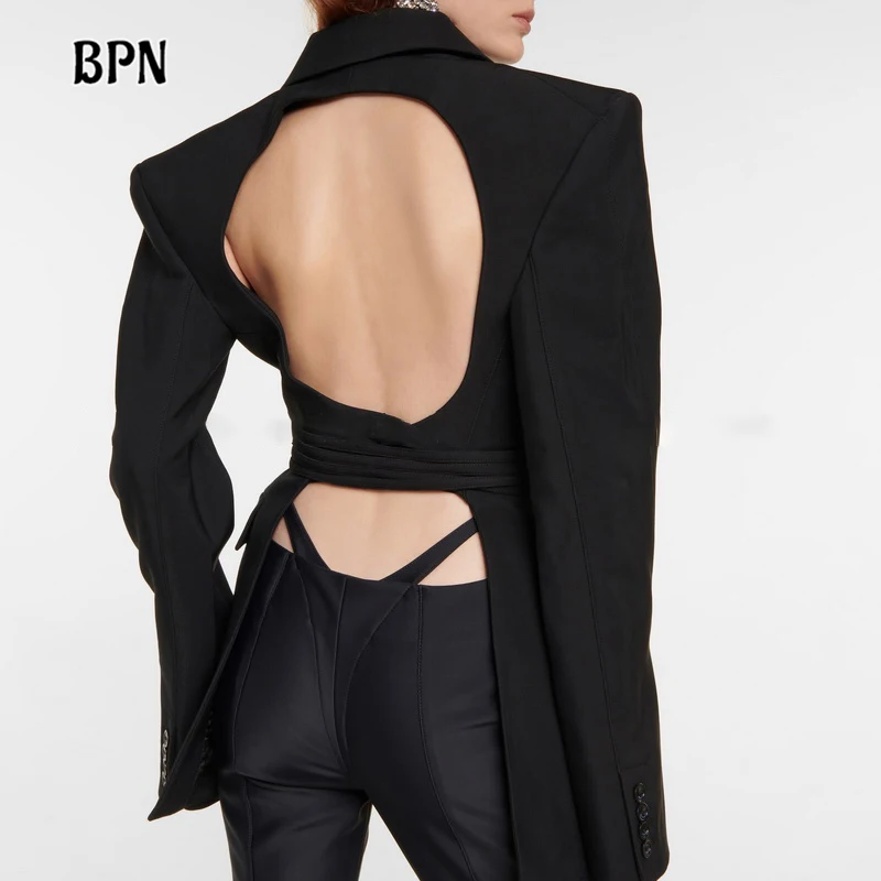 

BPN Solid Hollow Out Sexy Blazers For Women Notched Collar Backless Long Sleeve Patchwork Button Slimming Blazer Female Style