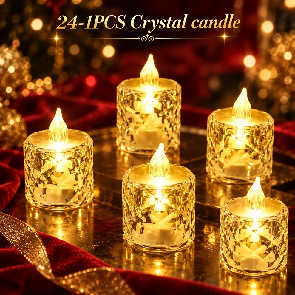 24-1PCS LED Crystal Flameless Candle Light Electronic Candle Light Night Light Date Party Holiday Home Wedding Christmas Parts