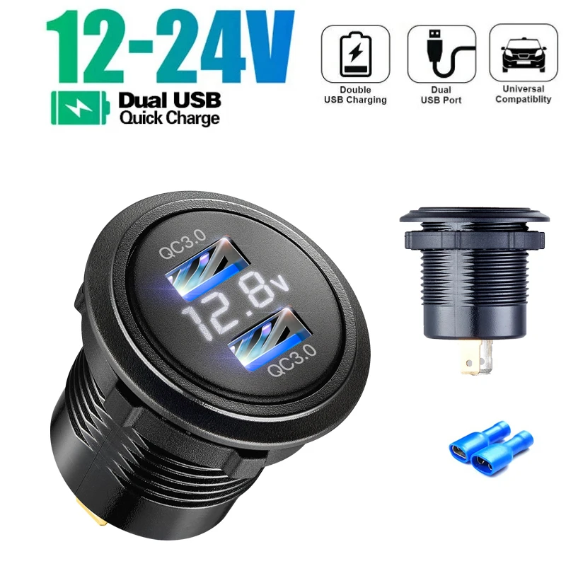 QC 3.0 usb 12 voltios Dual USB Car Motor Charger Socket 12-24V Dual USB Car Socket Charger LED Voltmeter