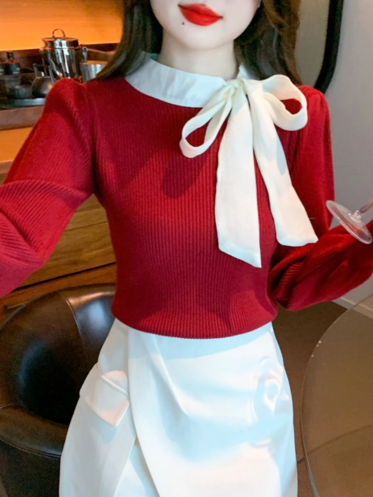 المرأة الخريف الشتاء موضة جديدة التباين اللون المرقعة الحياكة البلوفرات الكورية نمط الحلو مزاجه القوس سترة حمراء