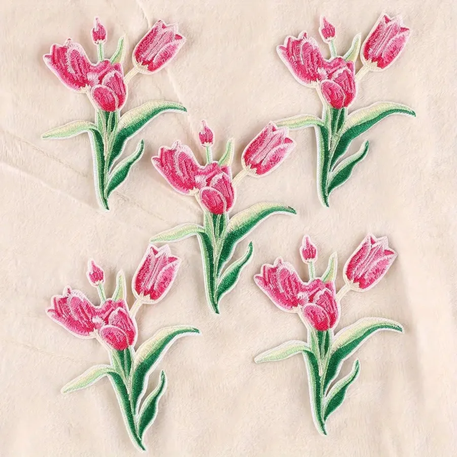 5Pcs Lace Tulip Flower Appliques Repair for DIY Hat Clothes Sewing Supplies Headwear Decor Stick-on Patches Embroiderey Tool