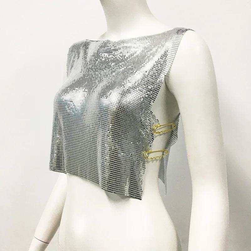 Gold Women Y2K Sequin Safety Pin Metal Mesh Crop Top Silver Side Slit Metallic Chainmail Top For Club Party