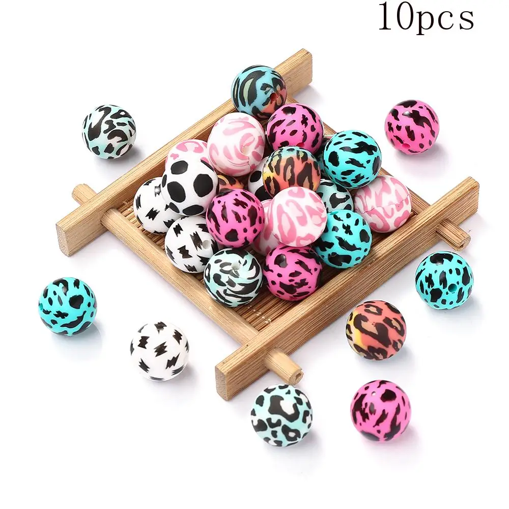 10Pcs Silicone Beads 15mm Colored Round Leopard Print Focal Beads DIY Necklace Bracelet Keychain For Jewelry Making Handmade