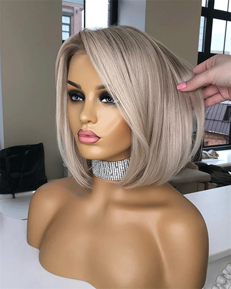 High Quality Short Side Part Bob Synthetic Wig Platinum Blonde Rooted Lace Wig Curly Lace Front Wig most natural hairline