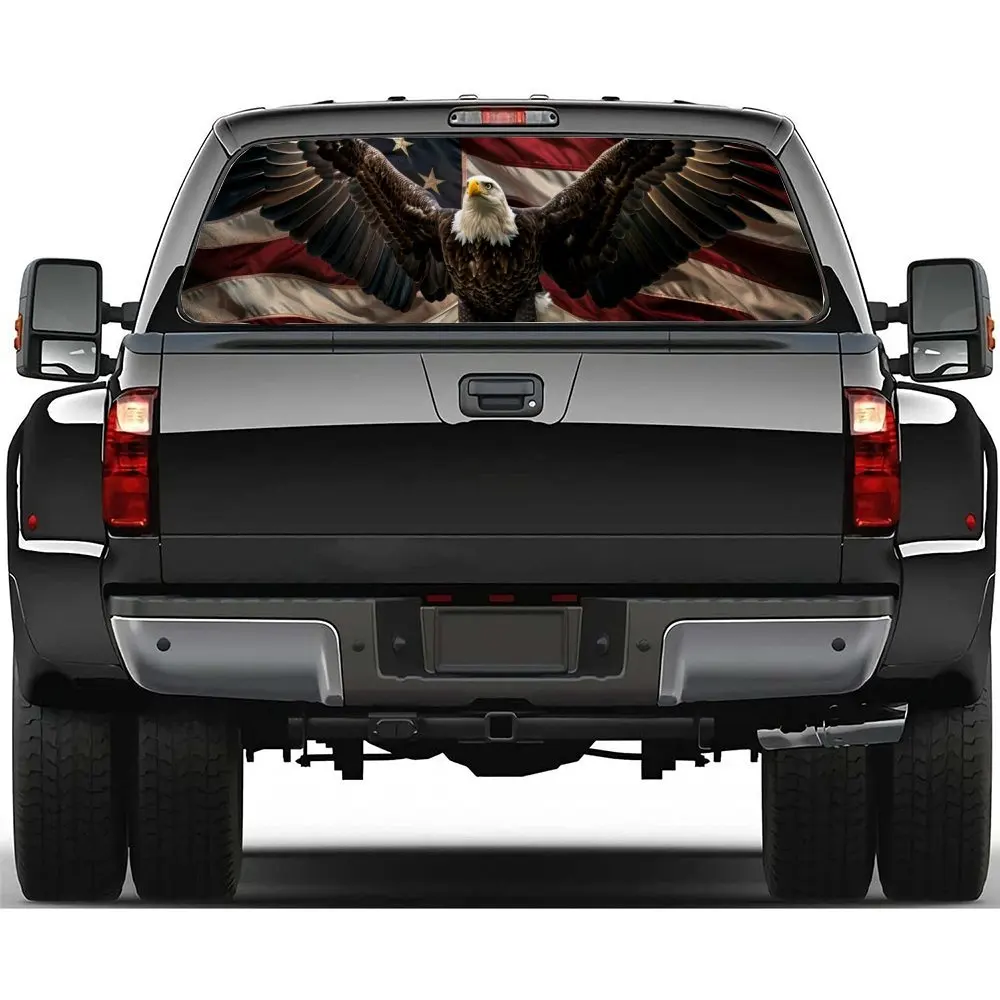 النسر نشر النجم Spangled راية اكسسوارات السيارات ملصق الزجاج الأمامي الخلفي ، نافذة شاحنة انظر من خلال نافذة سيارة مثقوبة