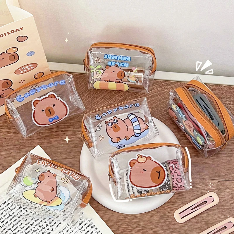 Bolsa de almacenamiento de monedas de Capybara, monederos transparentes con diseño de dibujos animados, billetera encantadora de PVC, bolsa transparente impermeable, bolsas cortas con cremallera