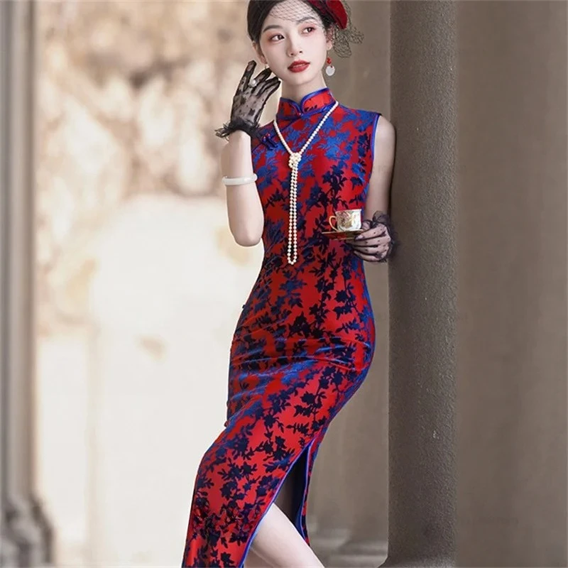 

Vintage Velvet Mandarin Collar Improved Qipao Plus Size Elegant Chinese Dress