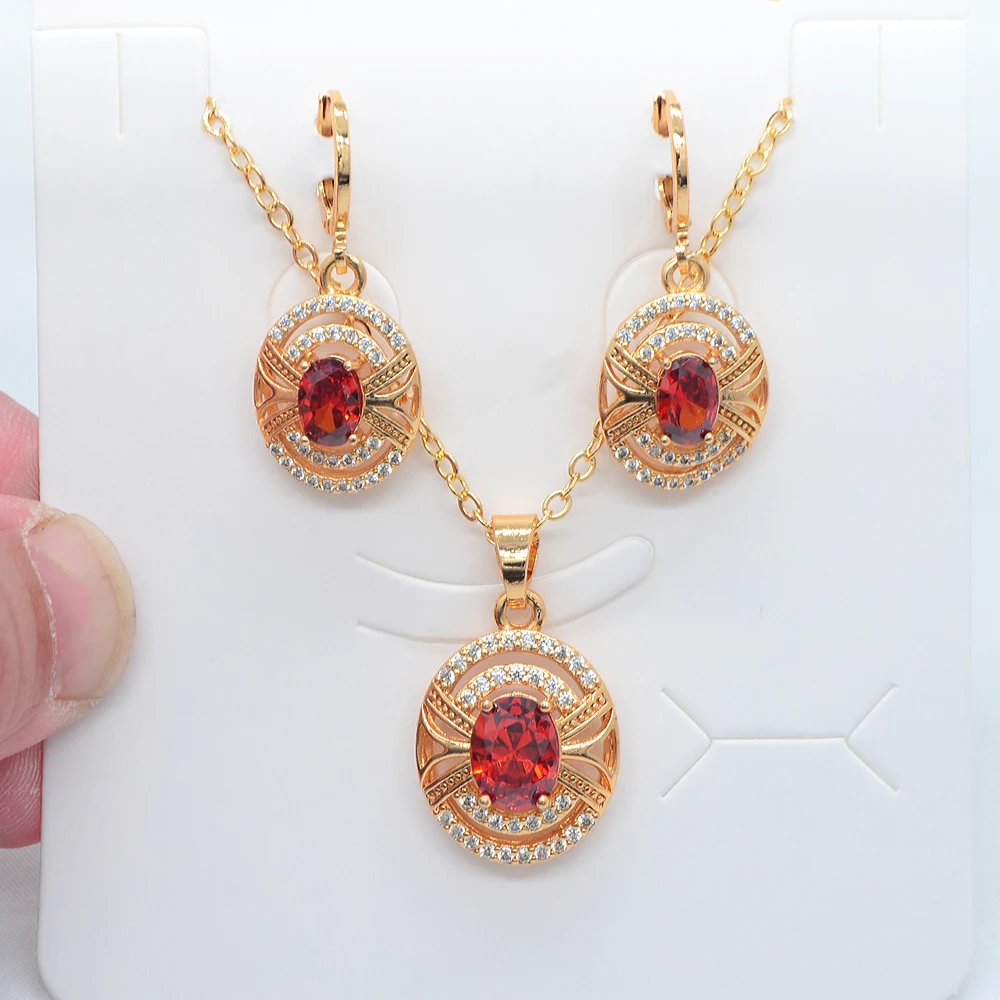 Fashion Gold Color Women Red Cubic Zirconia Oval Design Wedding Jewelry Set
