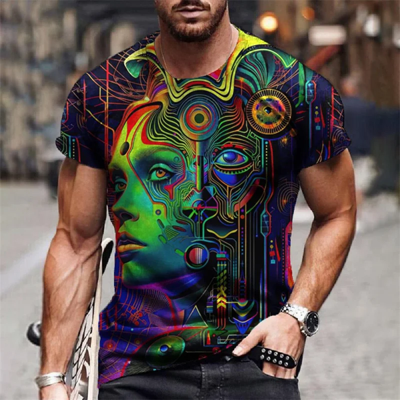 Colorful Mysterious Girl Graphic T-Shirt For Men Abstract Face 3D Printed Tees Summer Casual O-Neck Tops T Shirts Short Sleeves