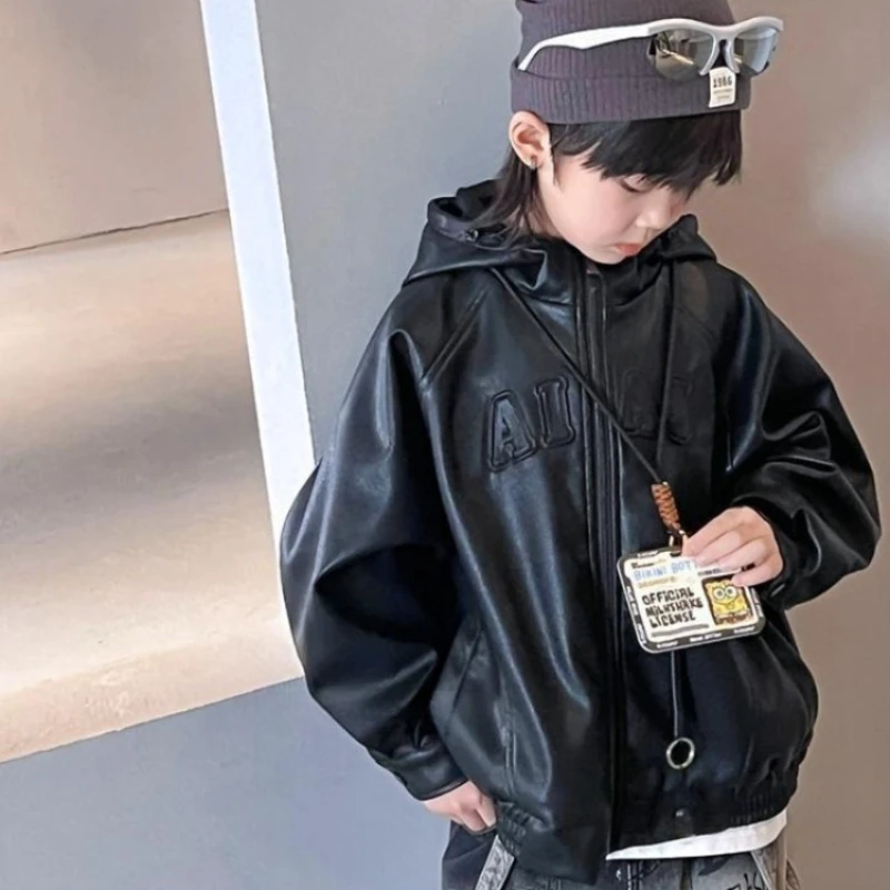 Boys leather jacket spring autumn 2025 new kids stylish hooded loose coat trendy