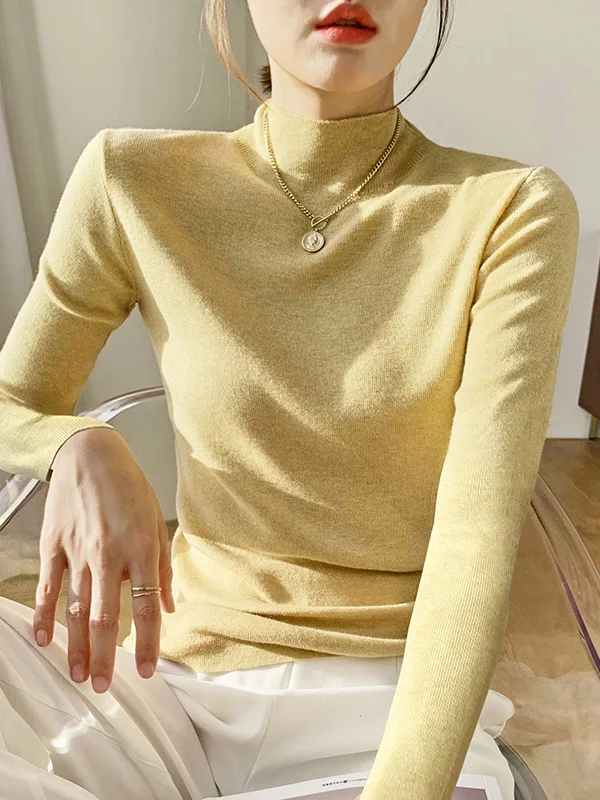 Slim Fit Long Sve Wool Base irt f High Ne Jersey de punto Casual Sle Medium Softn Viscose Camere Blend Sprin...