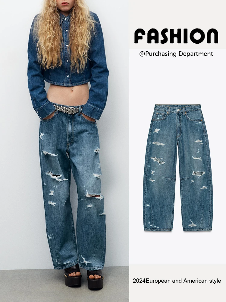 

Spring New Arrival Women's Versatile Slimming Hole Decoration Mid-Waist Balloon Denim Jeans Commute Style Long Pants