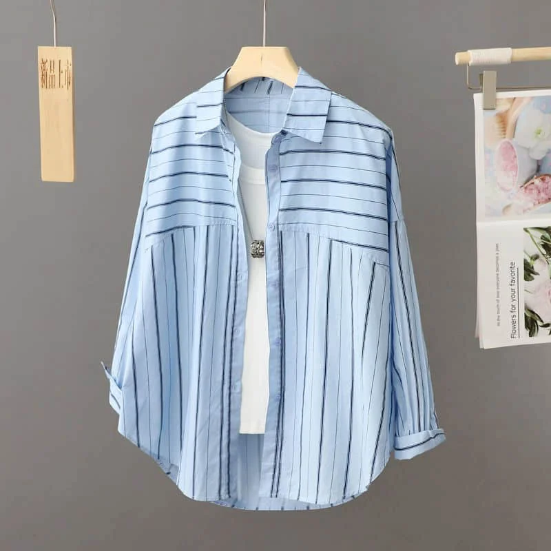 

Striped Shirts Women Retro Polo-neck Loose Literary Cardigans Long Sleeve Casual Korean Style Single Breasted Blouse Women Tops