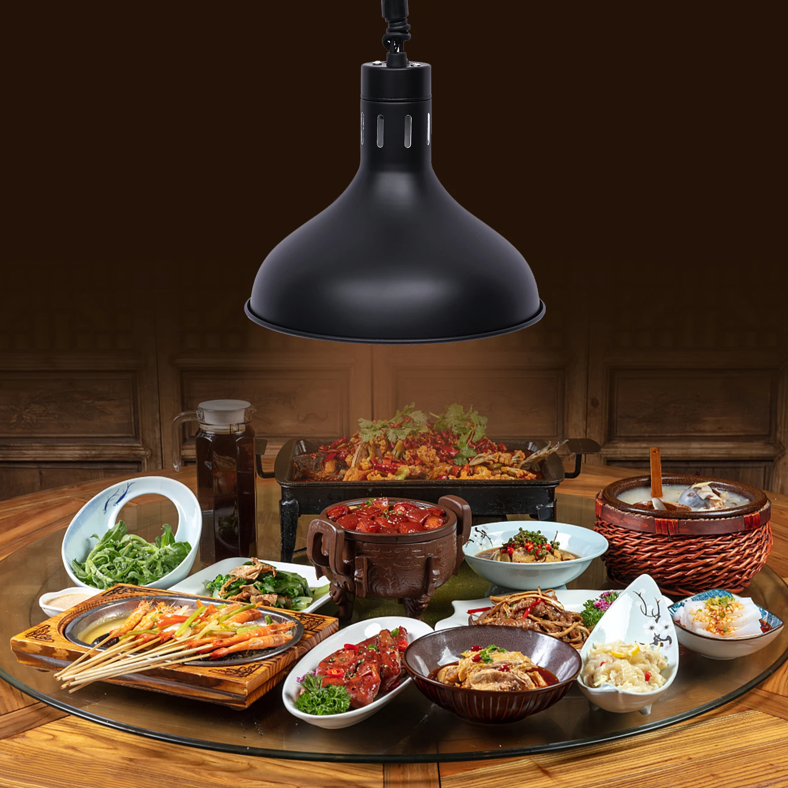

250W 110V Hanging Food Heat Lamp | Commercial Restaurant Food Warmer, Black Iron Trumpet-Shape, 50℃, 70-180cm Adjustable