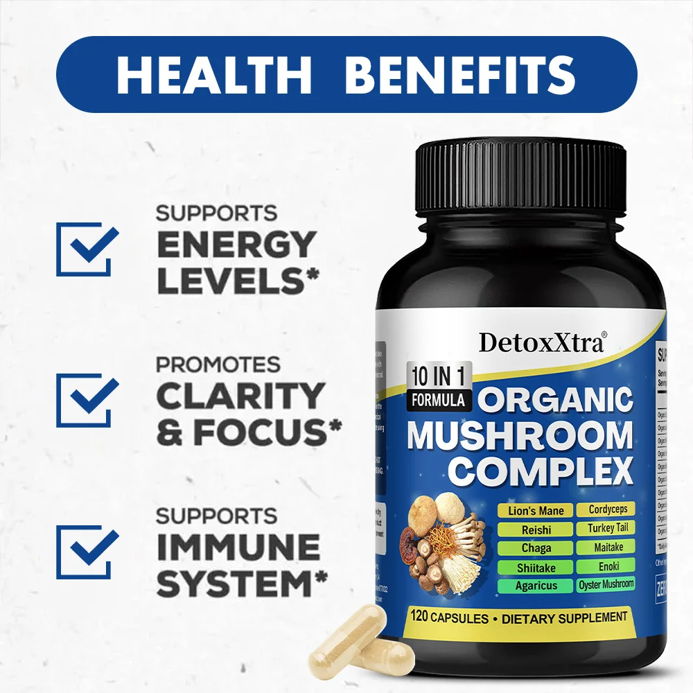 Mushroom Complex Capsules – Lions Mane, Reishi, Cordyceps, Chaga, Immune Support, Memory, Focus, Stress Relief & Energy Boost view 3
