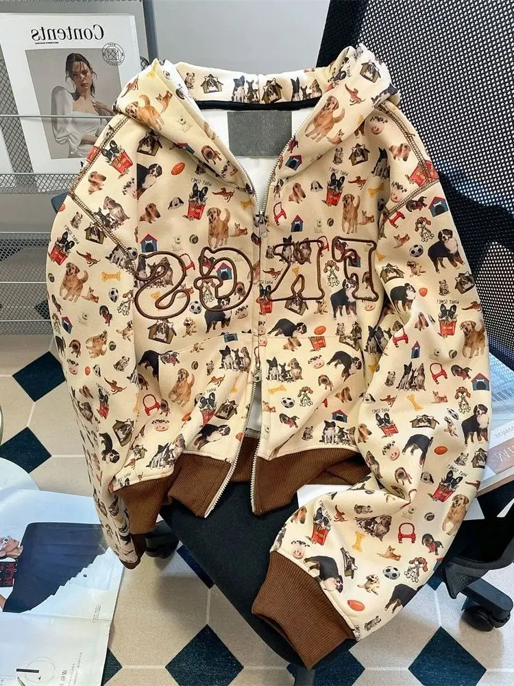

Autumn Winter Fun Printed Hooded Open Cardigan Spring Summer Lazy Style Retro Dog Ear Embroidery Sweatshirt Unisex