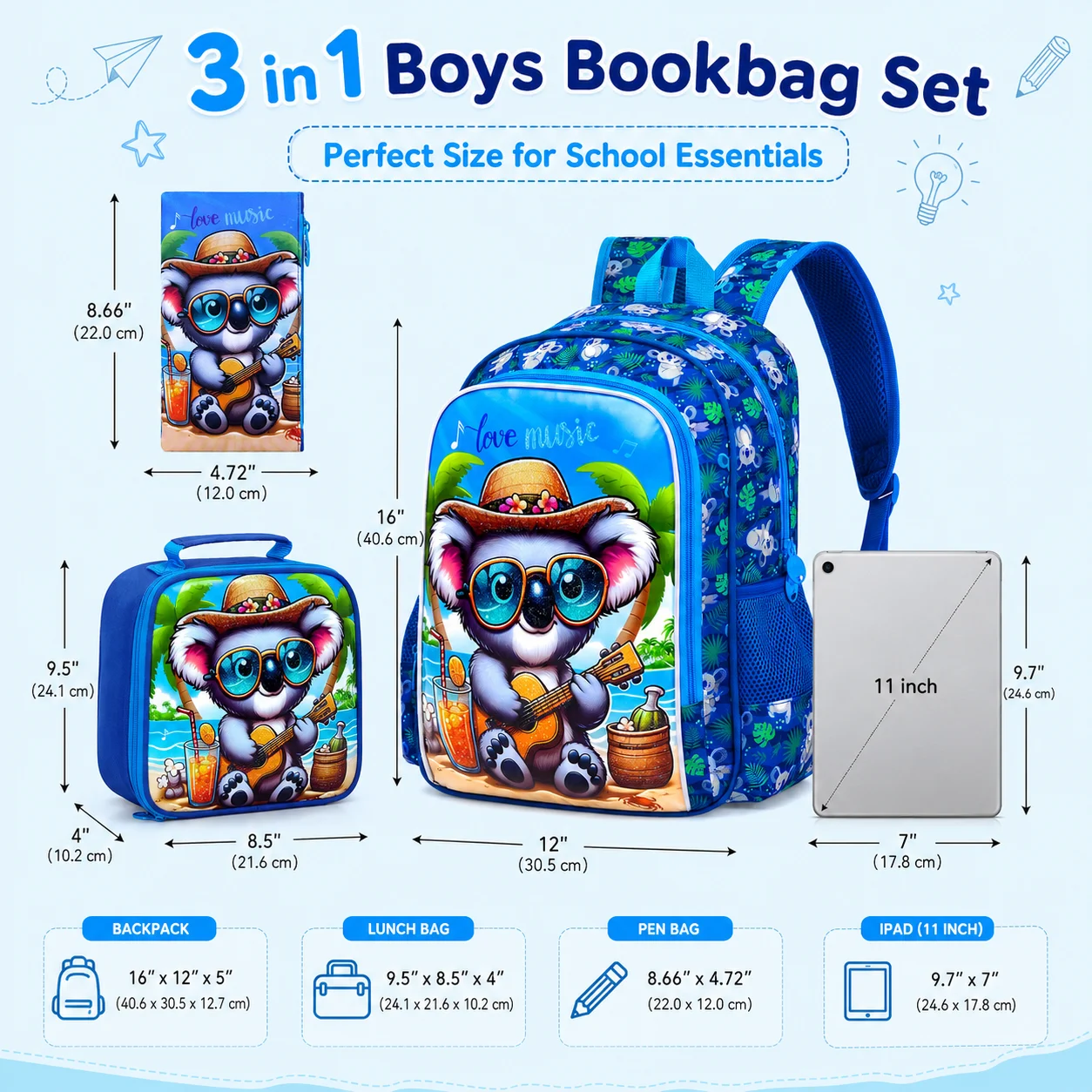 Kid's backpack 16 Inch 3PCS, UV Guitar‑Koala Print Large‑Capacity Lightweight Set, One Backpack, One Handbag, One Pencil Case