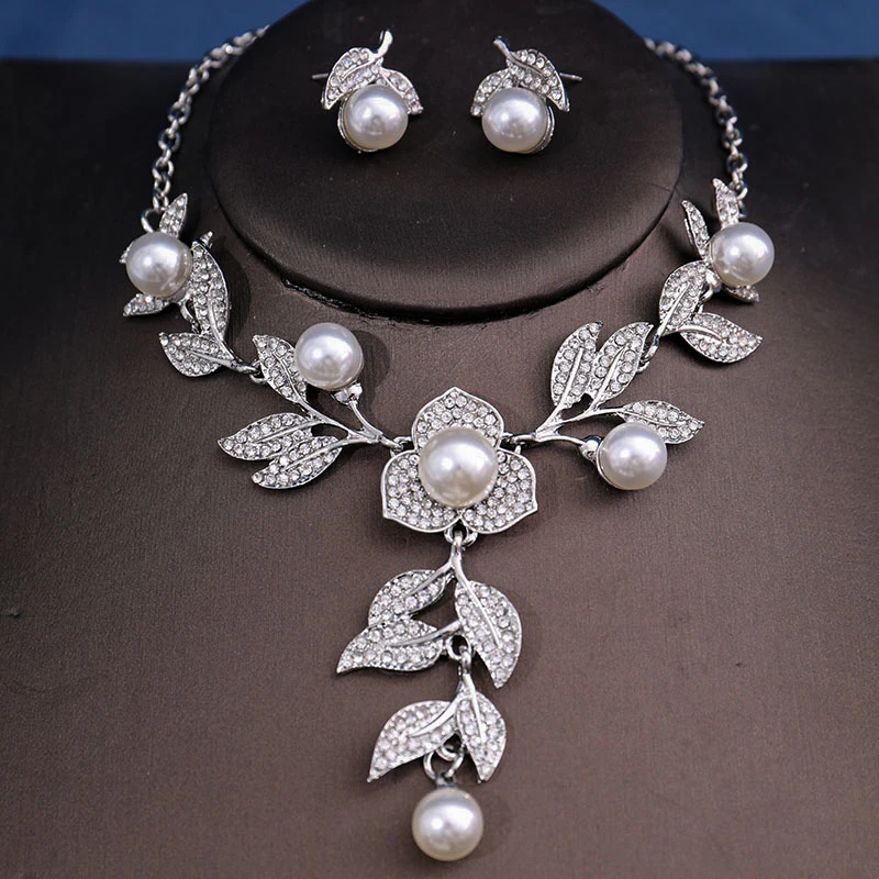 Fashion Women Bridal Elegant Wedding 3pcs/set Party Pearl Rhinestone Angle Necklace Earrings Jewelry Set Banquet Gift