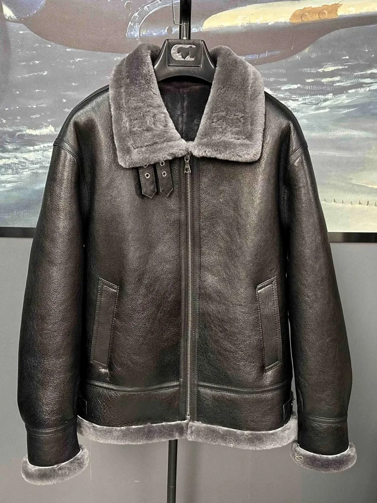 American Classic Retro Real Fur Mens Jacket Winter Warm Thick Jackets Lapel Wool Lining Coat Genuine Leather Sheepskin Outerwear view 4