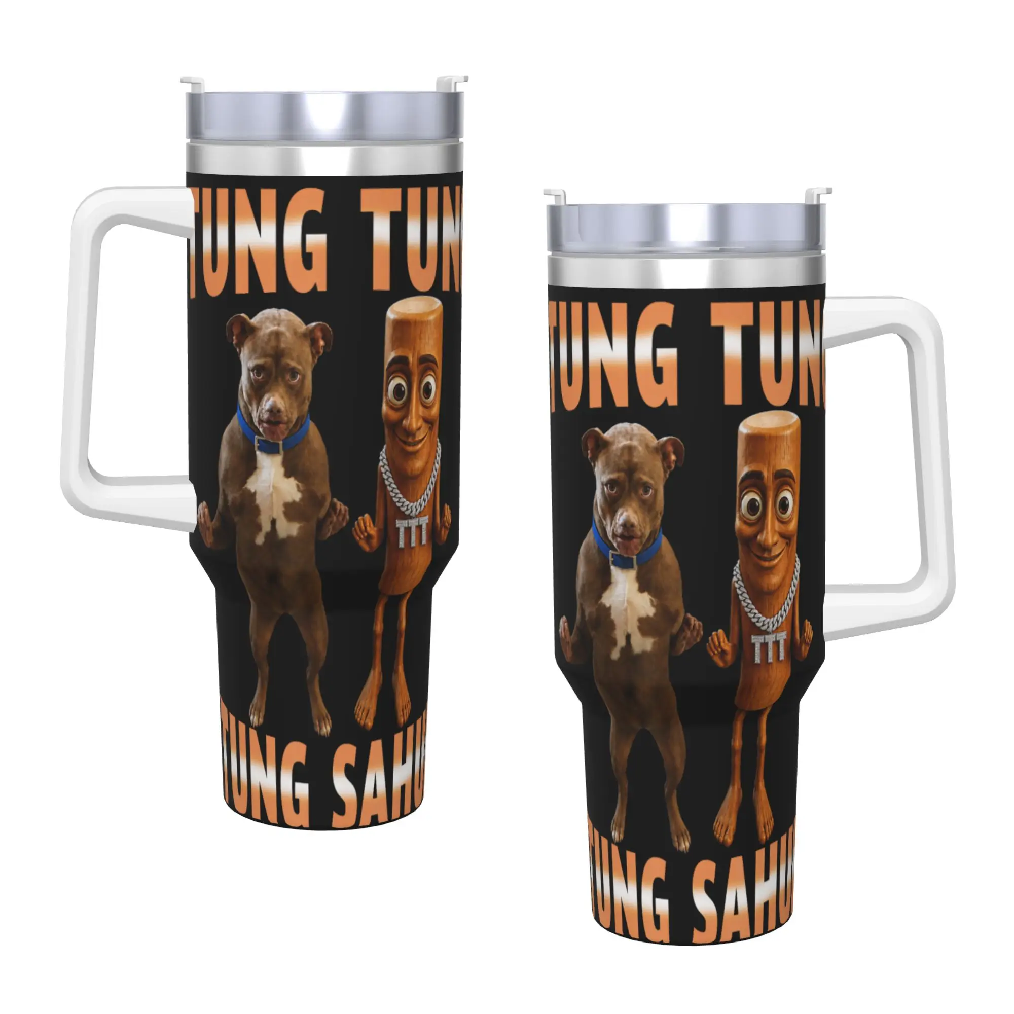 Stainless Steel Tumbler Tung Sahur Funny Dog Brainrot Joke Meme Mugs Cup With Straws Hot Drinks Water Bottle Heat Thermal Cups