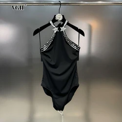 VGH Patchwork Diamond Halter Bodysuit For Women Sleevless Off Sholder Backless Slimming Solid Sexy Vest Female Fashion Clothing