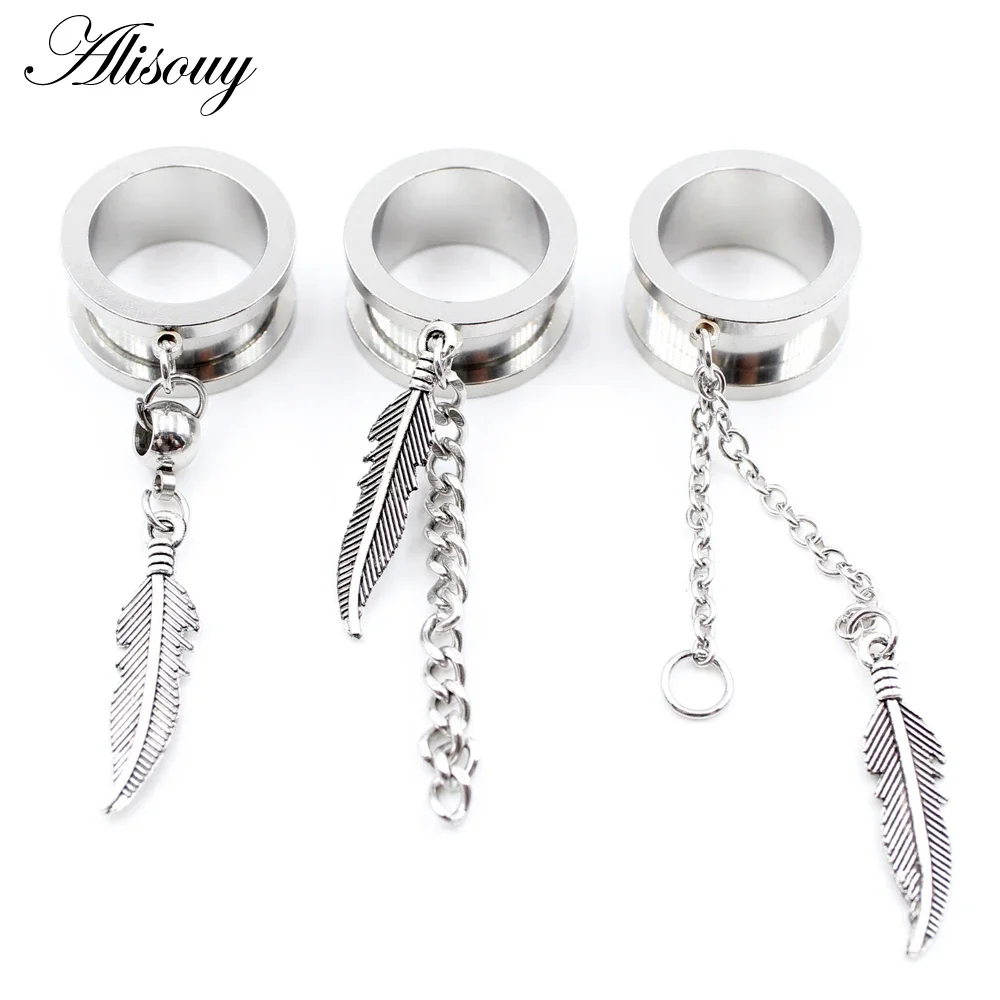 Alisouy 2PCS Stainless Steel Leaf Cross Skull Triangle Cone Star Chain Ear Gauge Plug Tunnel Expander Earring Piercings Jewelry