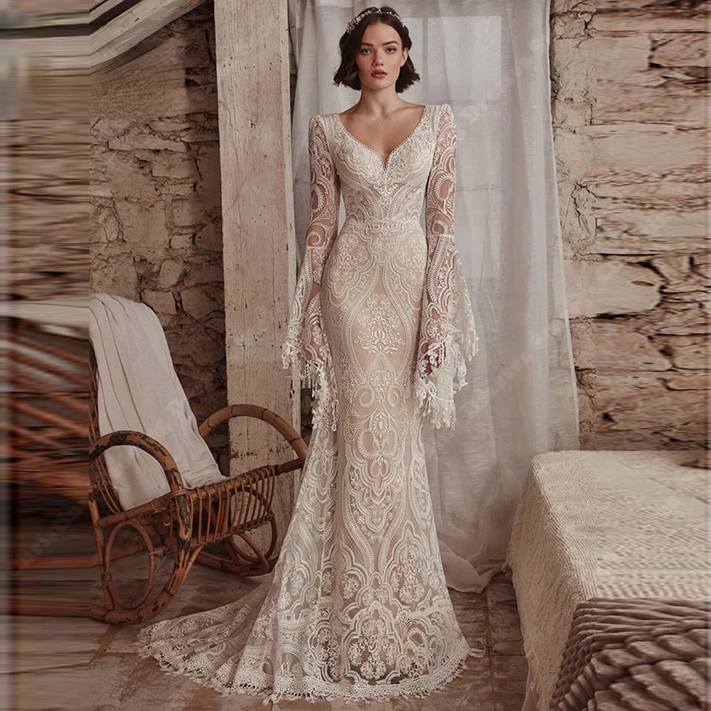 

Vintage Women Wedding Dresses Beach Tulle Lace Long Sleeves Bohemian Bridal Gowns 2024 Mopping Length Lace Appliques Women Robes