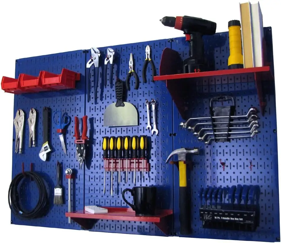 Pegboard Organizer Wall Control 4 ft. Metal Pegboard Standard Tool Storage Kit with Blue Toolboard and Red Accessories