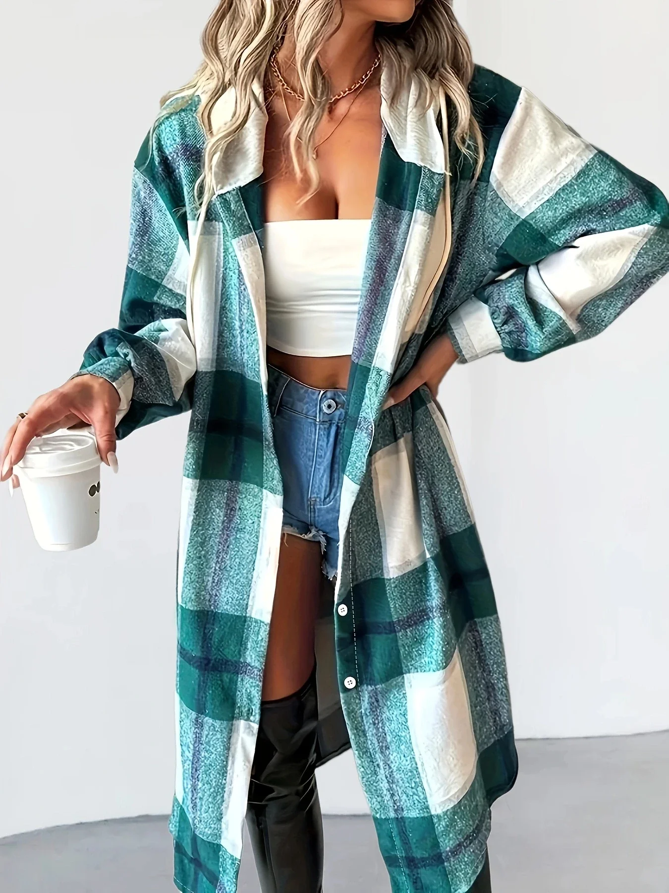 

Women's Spring Plus Size Checkered Printed Hooded Coat with Long Sleeves and Button Long Casual Fashion Coat