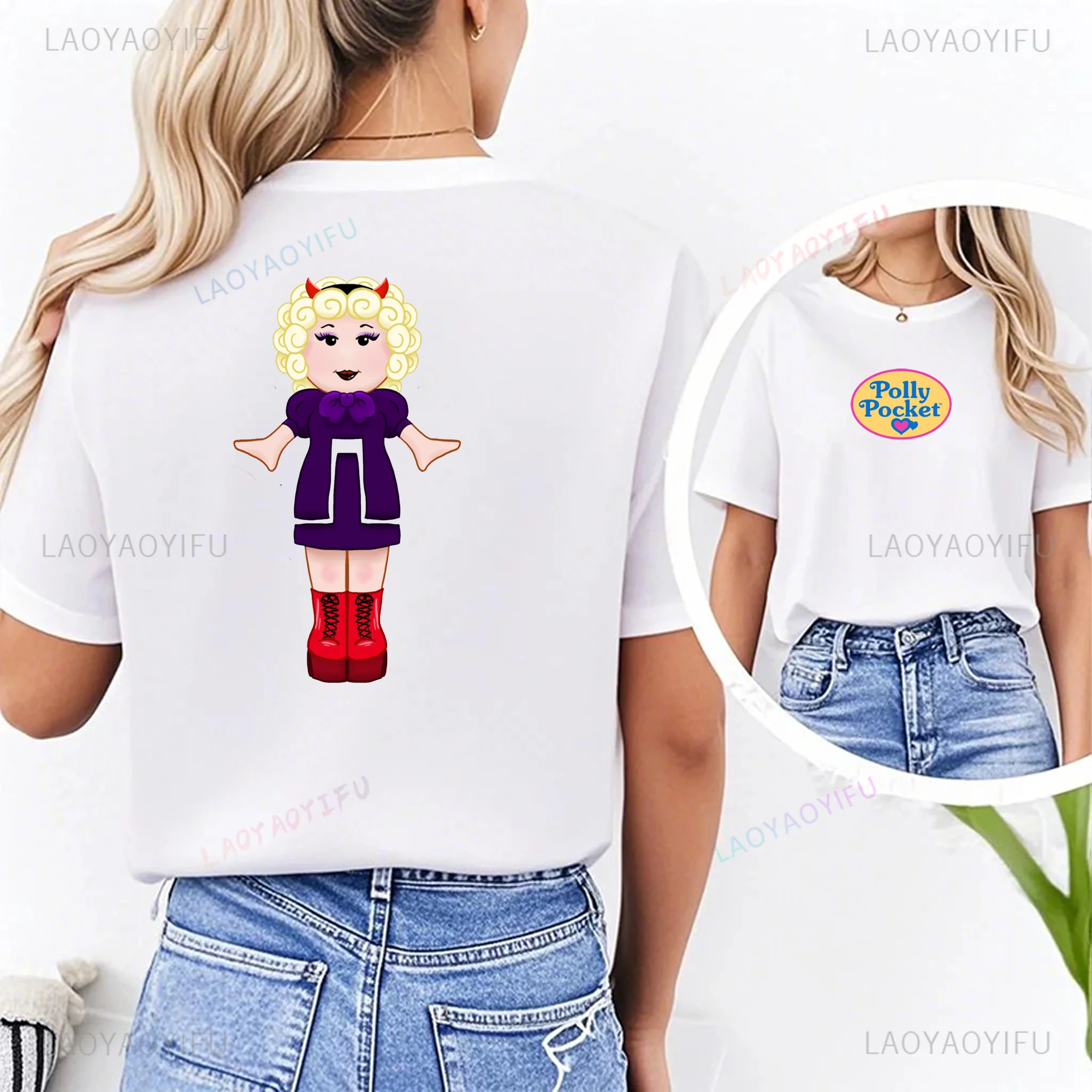 Kawaii Polly Pocket Printed T-shirt Cute Polly Pocket Tops Summer Male O-neck Short-sleeve Classic Pattern Cartoon T-shirt